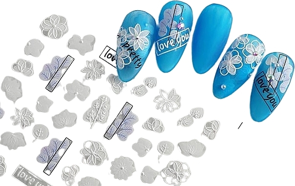 5D Self-Adhesive Nail Stickers, white flowers - Deni Carte  — photo N2