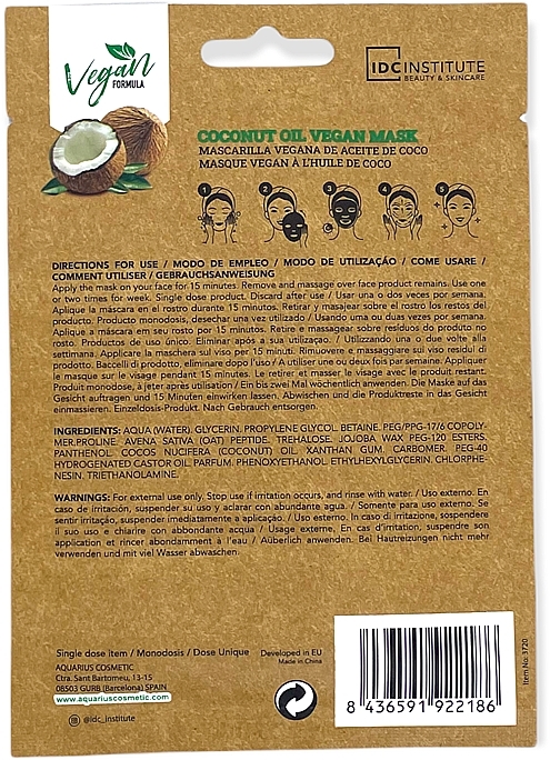 Coconut Oil Sheet Mask - IDC Institute Vegan Formula Coconut Oil Face Mask — photo N2