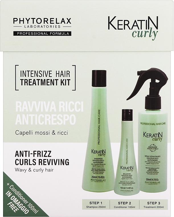 Set - Phytorelax Laboratories Keratin Curly Intensive Hair Treatment Kit (shm/250ml + cond/100ml + h/spray/200ml) — photo N2