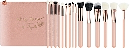 Makeup Brush Set in Cosmetic Bag, 15 pcs, pink - King Rose — photo N1