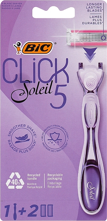 Women Razor with 2 Refill Cartridges - Bic Click 5 Soleil Sensitive — photo N1