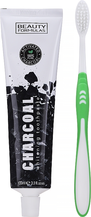 Set with Green Toothbrush - Beauty Formulas Charcoal (toothbrush/1pcs + toothpaste/100ml) — photo N1