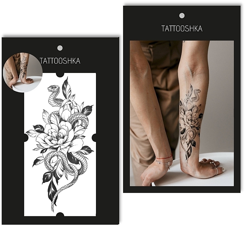 Temporary Tattoo "Snake & Flowers" - Tattooshka — photo N1