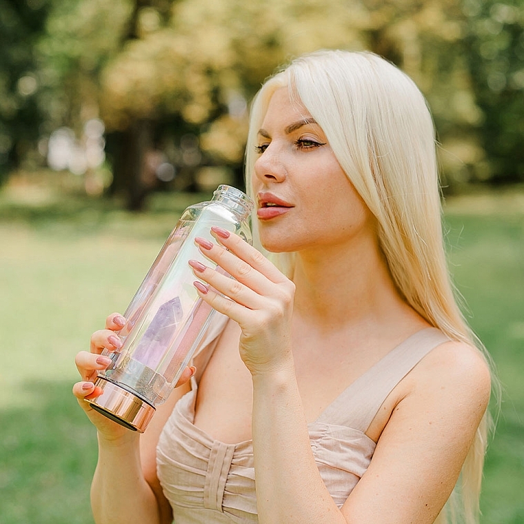 Glass Holographic Water Bottle with Amethyst, 650 ml - Crystallove Hexagon Hologram Amethyst Bottle — photo N4