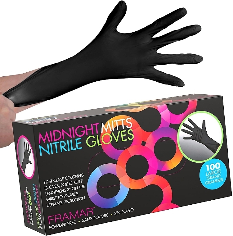 パウダーフリーニトリル手袋、黒、S、100枚 - Framar Midnight Mitts Nitrile Gloves Small	 — photo N2