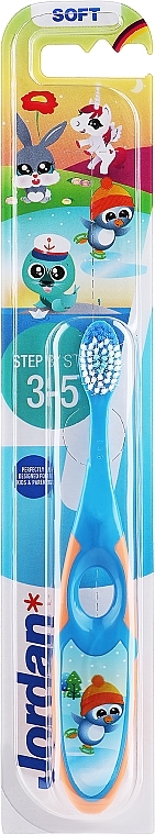 Kids Toothbrush, Step 2 (3-5), soft, blue and orange, penguin - Jordan — photo N1