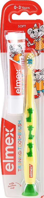 Kids Toothbrush (0-3 years), yellow with giraffe - Elmex Learn Toothbrush Soft + Toothpaste 12ml — photo N1