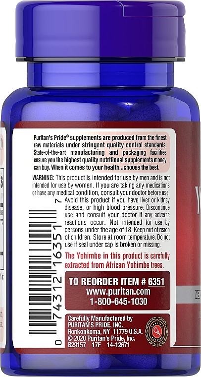 Supplement 'Yohimbe' - Puritan's Pride Yohimbe Extract 1000mg Capsules — photo N3