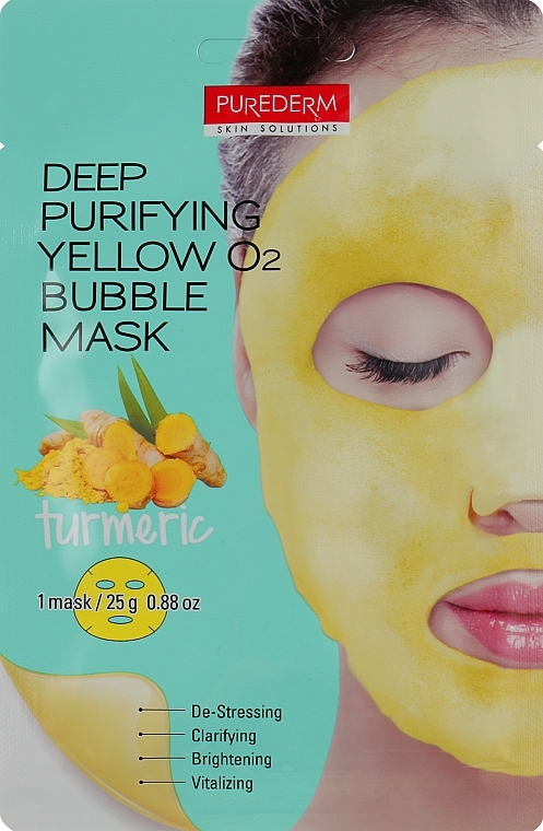 Deep Face Cleansing Oxygen Mask "Turmeric" - Purederm Deep Purifying Yellow O2 Bubble Mask — photo N1