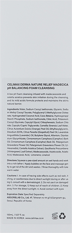 Gentle Cleansing Foam - Celimax Derma Nature Relief Madecica pH Balancing Foam Cleansing — photo N3