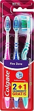 Medium-Hard Toothbrush Set, 3 pcs, blue+pink+turquoise - Colgate Flex Zone — photo N1