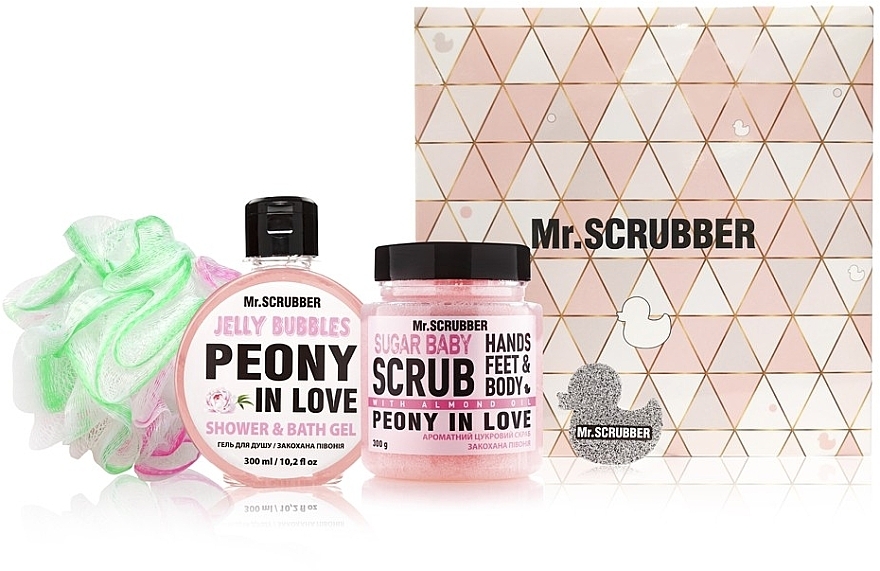 Set - Mr.Scrubber "Peony in love" (body/scr/300 g + sh/gel/275 ml + sh/sponge) — photo N1