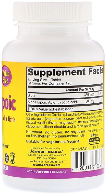 Dietary Supplement - Jarrow Formulas Alpha Lipoic Sustain with Biotin 300 mg — photo N7