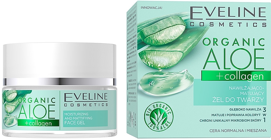 Moisturizing Mattifying Face Gel for Normal & Comdination Skin - Eveline Cosmetics Organic Aloe + Collagen — photo N1