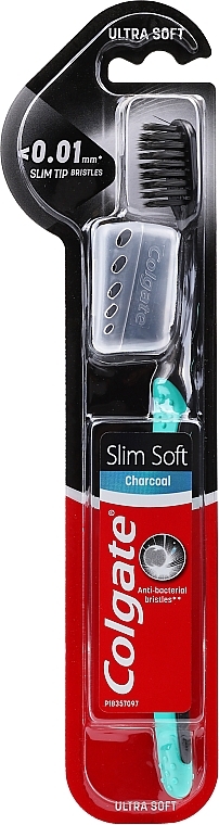 Slim Soft Charcoal Toothbrush, black-mint with cap - Colgate Charcoal Ultra Soft Toothbrush — photo N3