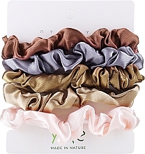 Satin Scrunchie Set, 5pcs, dark brown + blue + brown + beige + pink - Yeye  — photo N1