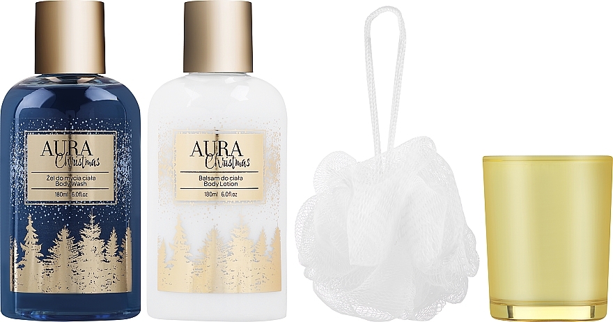 Set - Aura Cosmetics Christmas Bath Set (body wash/180 ml + b/lot/180 ml + candle/1 pc + b/sponge/1 pc) — photo N1