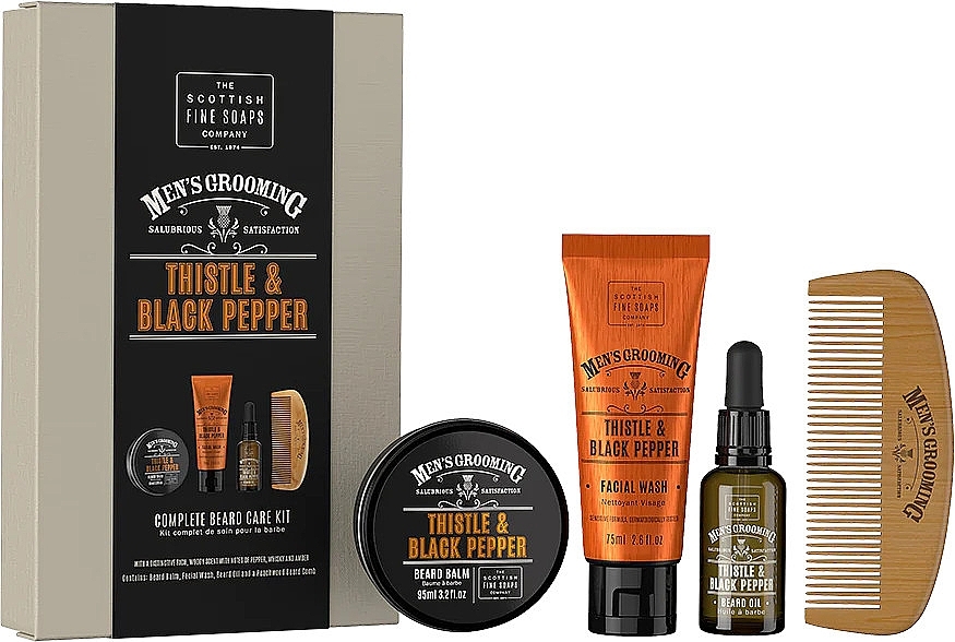 Scottish Fine Soaps Thistle & Black Pepper (brd/balm/95ml + f/wash/75ml + brd/oi/30ml + comb) - Set — photo N1