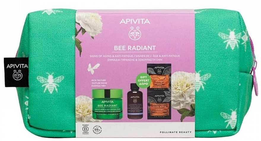 Set - Apivita Bee Radiant Signs Of Aging & Anti-Fatigue Rich Texture (foam/75 ml + f/cr/50ml + mask/2x8ml + pouch) — photo N2