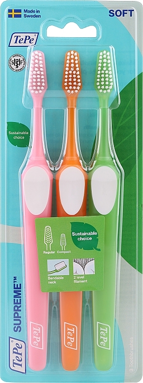 Toothbrush Set, green+orange+pink - Tepe Supreme Soft — photo N1