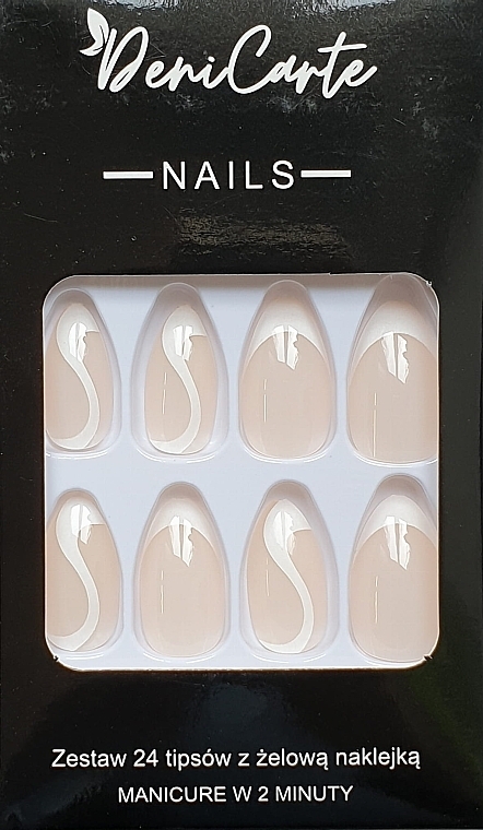 False Nails 'White French with Swirls', 24 pcs. - Deni Carte Tipsy White French Swirl 9201 — photo N1