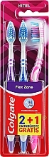 Medium Toothbrush Set, 3 pcs, purple+blue+pink - Colgate Flex Zone — photo N1