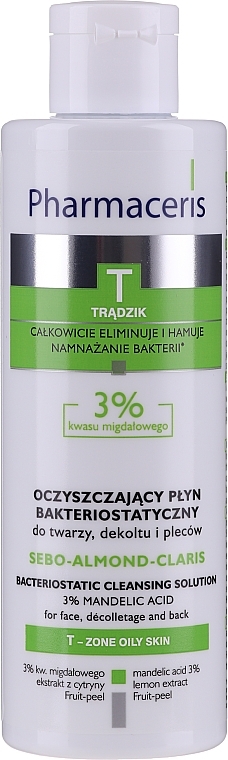 Bacteriostatic Cleansing Solution for Face, Decollete and Back with 3% Almond Acid - Pharmaceris T Sebo-Almond-Claris Bacteriostatic Cleansing Solution — photo N1