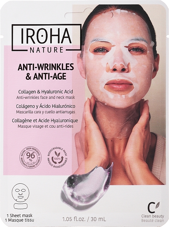 Face Sheet Mask - Iroha Nature Anti-Age Collagen 100% Cotton Face & Neck Mask — photo N2