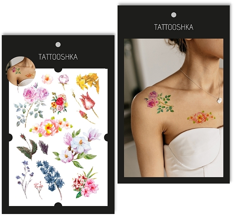 Temporary Tattoo Set "Watercolor Flowers" - Tattooshka — photo N1