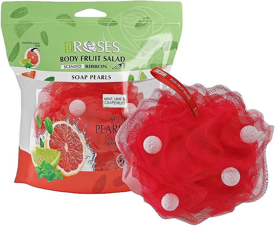 Aromatic Bath Sponge with Soap Pearls "Mint, Lime & Grapefruit" - Nature of Agiva Roses Body Fruit Salad Soap Pearls — photo N2