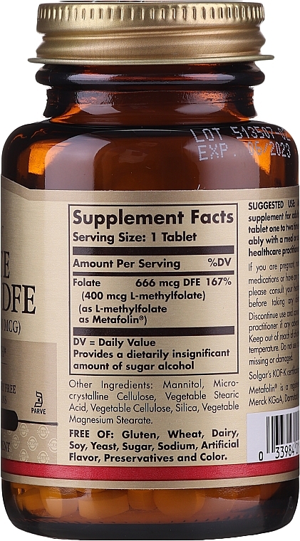 Dietary Supplement "Folic Acid" (Metafolin 400mcg) - Solgar Health & Beauty Folate 666 MCG DFE Metafolin — photo N5