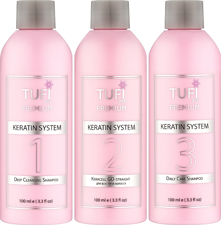 Keratin Hair Straightening Kit - Tufi Profi Premium (keratin/100ml + shampoo/100ml*2) — photo N2