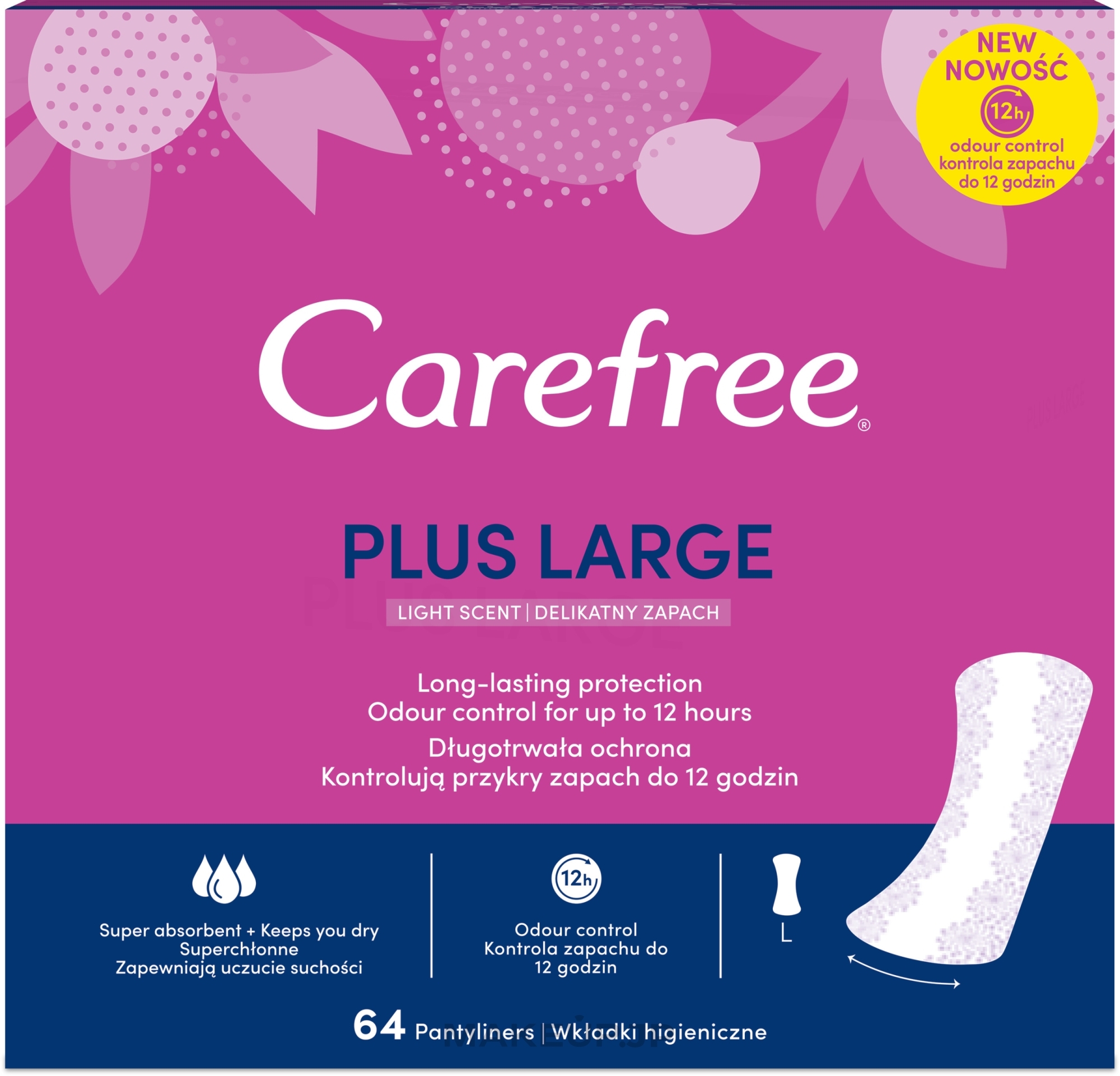 Daily Liners with Light Scent, 64 pcs - Carefree Plus Large Light Scent — photo 64 pcs.