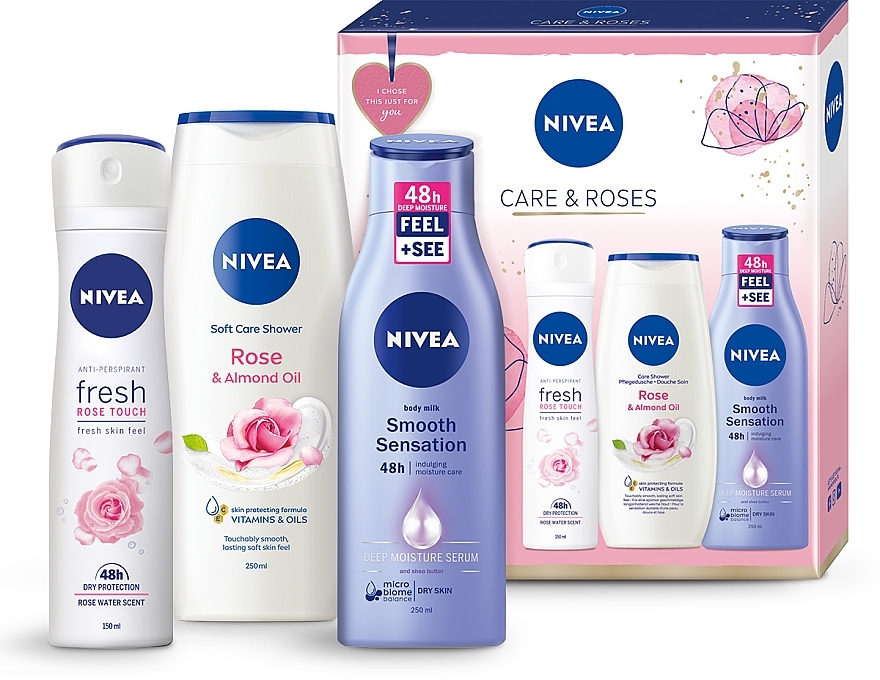 Set - Nivea Care & Roses (deo/spray/150ml + sh/gel/250ml + b/milk/250ml)  — photo N3