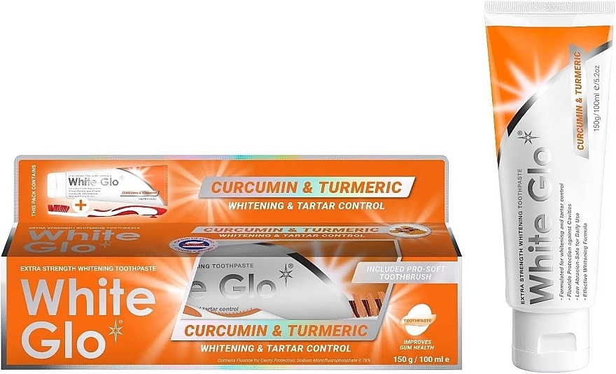 Set with Orange Toothbrush - White Glo Curcumin & Turmeric Whitening (toothpaste/150 g + toothbrush) — photo N2