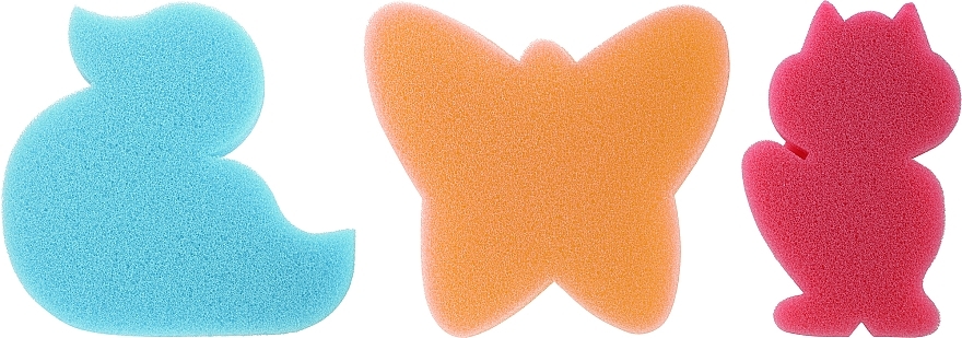 Kids Bath Sponge Set, 3 pcs, blue duck + orange butterfly + pink cat - Ewimark — photo N1