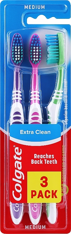 Toothbrush, medium, green + purple + pink - Colgate Extra Clean Medium — photo N1