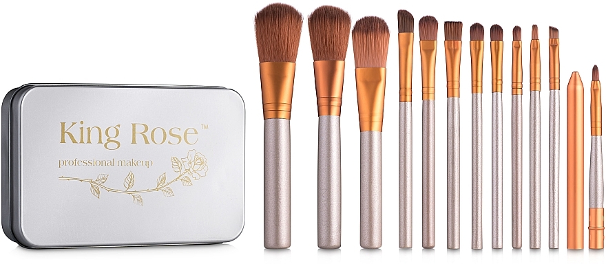 Makeup Brush Set in Cosmetic Bag, 12 pcs, metallic - King Rose — photo N1