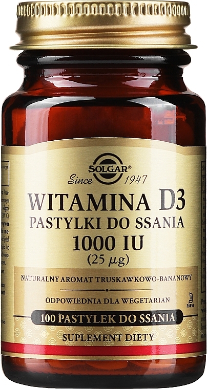 Dietary Supplement "Vitamin D3", 25 mcg, strawberry-banana flavor - Solgar Vitamin D3 1000 IU — photo N1