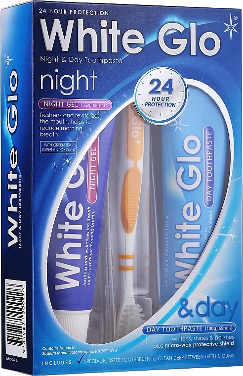 Set with Yellow Toothbrush - White Glo Night & Day Toothpaste (t/paste/65ml + t/gel/65ml + toothbrush) — photo N1