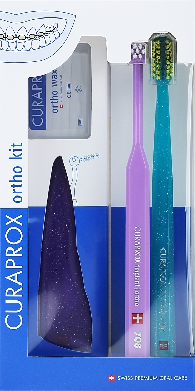 Set, option 39 (lilac, turquoise) - Curaprox Ortho Kit (brush/1pcs + brushes 07,14,18/3pcs + UHS/1pcs + orthod/wax/1pcs + box) — photo N3