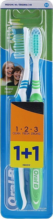 Toothbrush Set, medium, blue + green - Oral-B 1 2 3 Natural Fresh 40 Medium 1 + 1 — photo N1