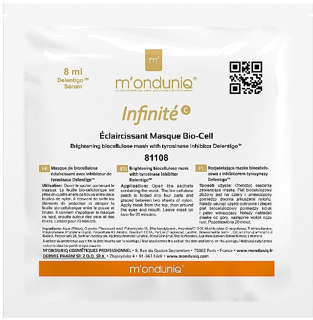 Brightening Biocellulose Mask with Tyrosinase Inhibitor - M'onduniq Bio-Cell Brightening Biocellulose Mask With Tyrosinase Inhibitor Delentigo — photo N1