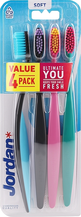 Soft Toothbrush, 4 pcs, black+pink+turquoise - Jordan Ultimate You Soft Toothbrush — photo N1