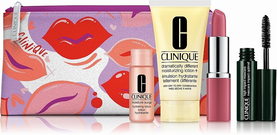 GIFT Makeup Bag with Trial-Size Products - Clinique (lot/30ml + lot/7ml+ lip/primer/3.8g + mascara/3.5ml) — photo N1
