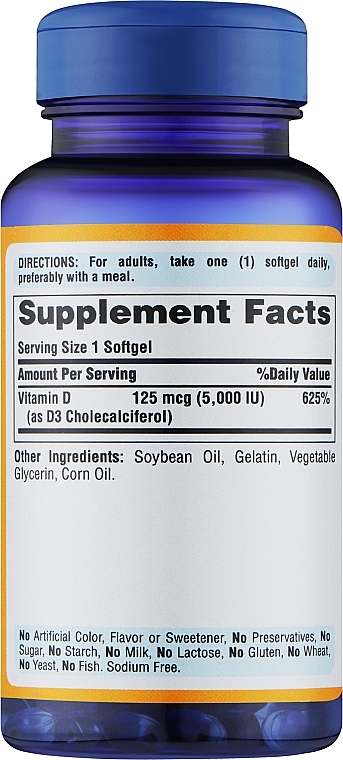 Vitamin D3 Food Supplement - Puritan's Pride Mega-Potency Vitamin D3 5000 IU — photo N2