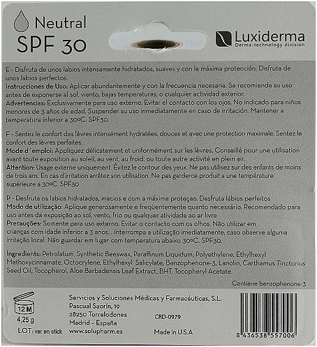 Lip Balm SPF30 - Luxiderma luxilips Smooth And Moisture Neutral Lip Balm — photo N2