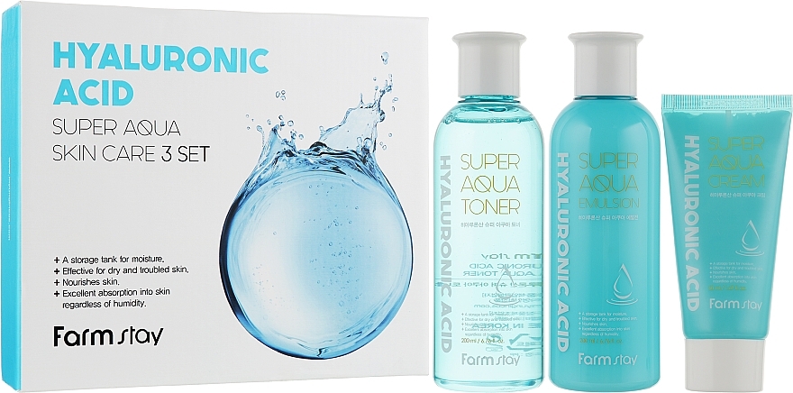 Set - Farmstay Hyaluronic Acid Super Aqua Skin Care Set (ton/200ml + emul/200ml + cr/50ml) — photo N1