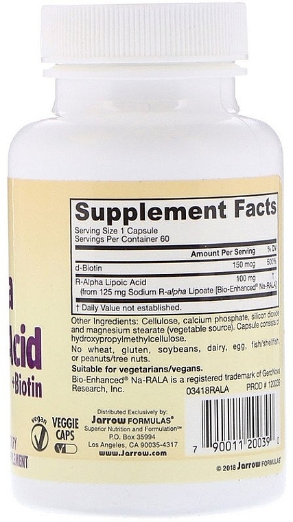 Alpha-lipoic Acid with Biotin - Jarrow Formulas R-Alpha Lipoic Acid + Biotin — photo N2