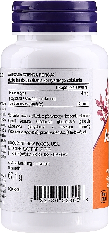 Dietary Supplement "Astaxanthin 4mg" - Now Foods Astaxanthin Cellular Protection — photo N2